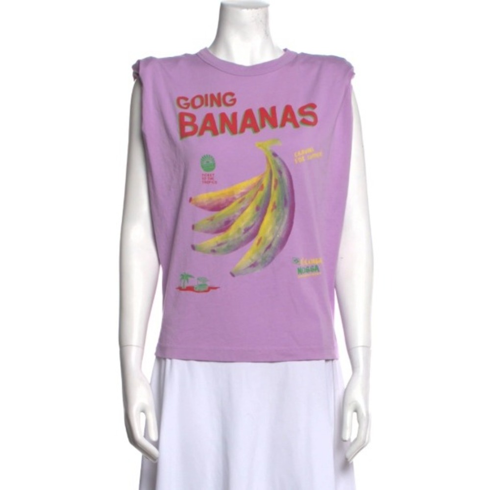 Farm Rio Going Bananas Lilac Graphic Tee Size Large | Shoulder Pad Sleeveless